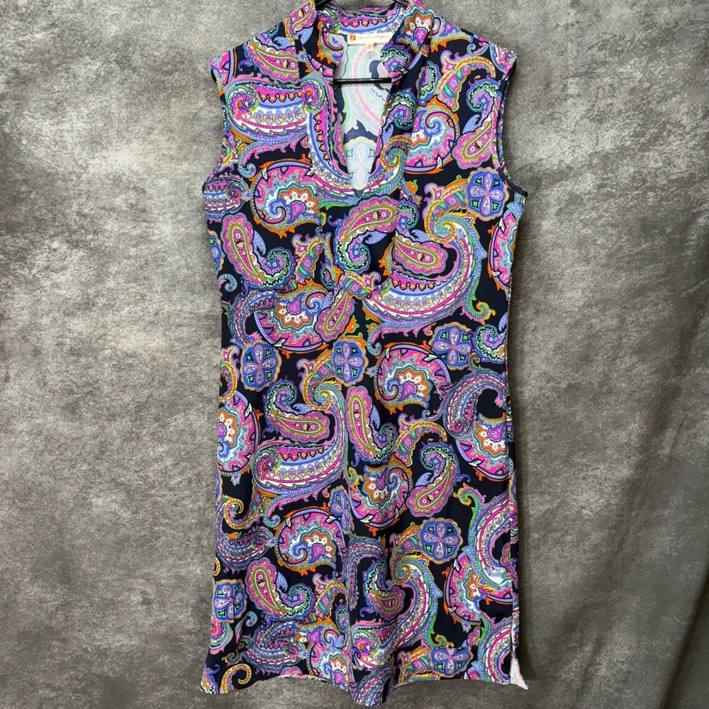 Jude Connally Kristen Mini Dress Sz M Paisley Navy Blue Purple Nylon Jude Cloth
